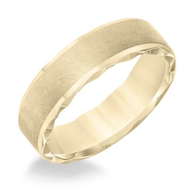 yellow gold men's wedding band with satin finish and textured edges