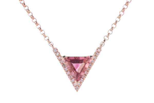 Triangle Shape Pink Tourmaline and Diamond Triangle Shape Necklace in Rose Gold
