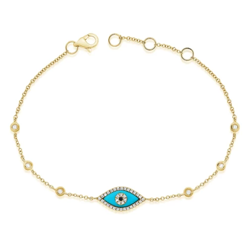 Yellow Gold bracelet with some diamonds and a Turquoise evil eye in the center