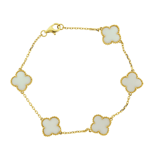 White Agate shaped clovers in yellow gold bracelet