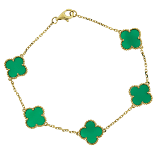 Green Agate in clover shapes bracelet in yellow gold