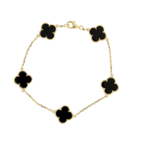 small clover shapes in black onyx bracelet in yellow gold