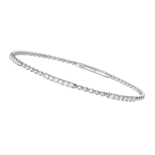 white gold flexible bangle with bar and bead design and diamond accents