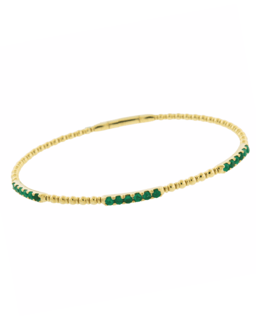 beaded design bangle with green emeralds in yellow gold