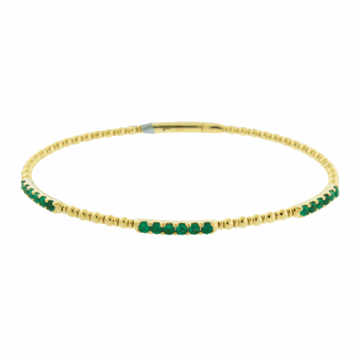beaded design bangle with green emeralds in yellow gold