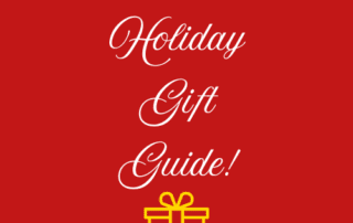 red background with "2024 Holiday Gift Guide!" written in fun font and small gold color giftbox