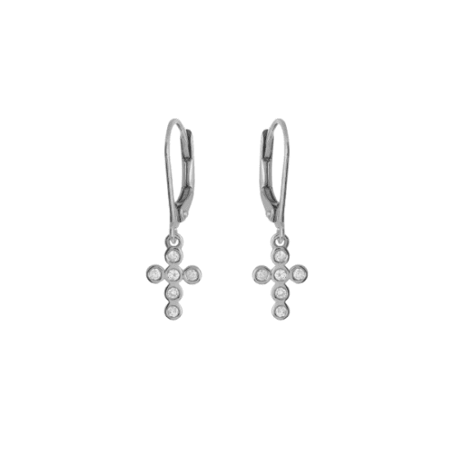 small cross dangle earrings in white gold with bezel set round diamonds with leverbacks