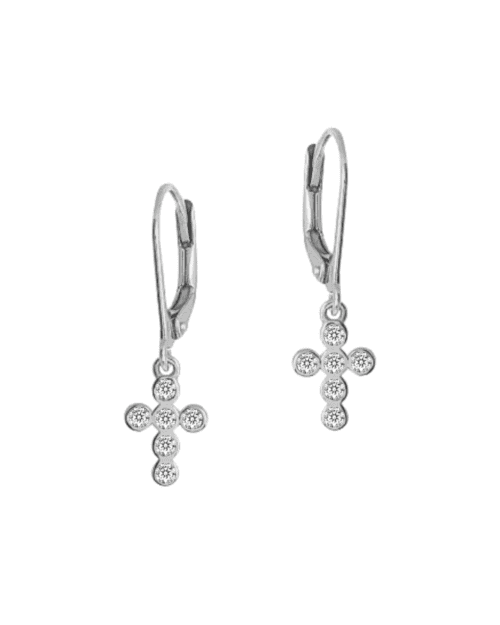 small cross dangle earrings in white gold with bezel set round diamonds with leverbacks