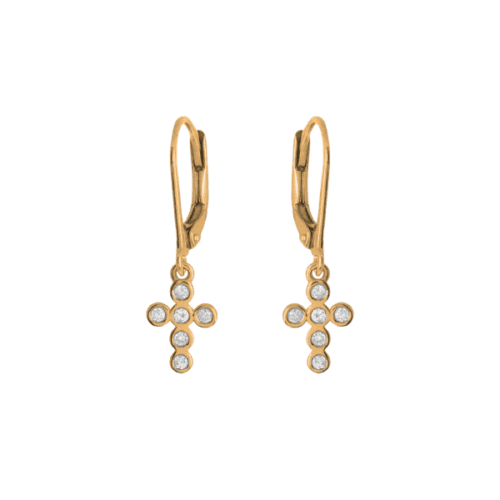 small cross dangle earrings in yellow gold with bezel set round diamonds with leverbacks