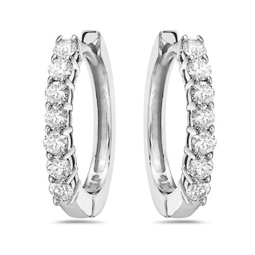 prong set round diamond oval shape hugger earrings white gold