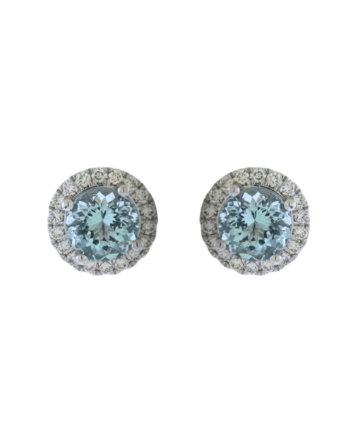 white gold earrings round aquamarine and diamond halo with post