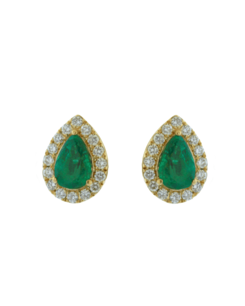 pear shaped emeralds and diamond halo earrings yellow gold