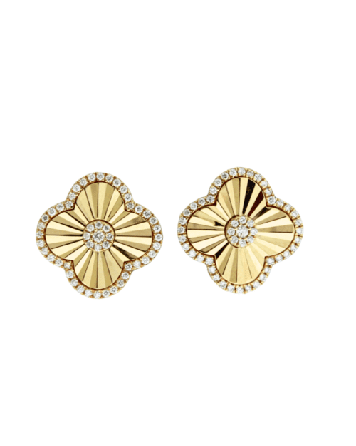 diamond cut clover design earrings with diamond accents in yellow gold