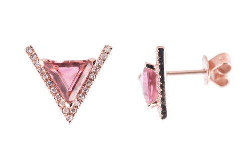 Triangle Pink Tourmaline and Diamond Triangle Shape Studs in Rose Gold