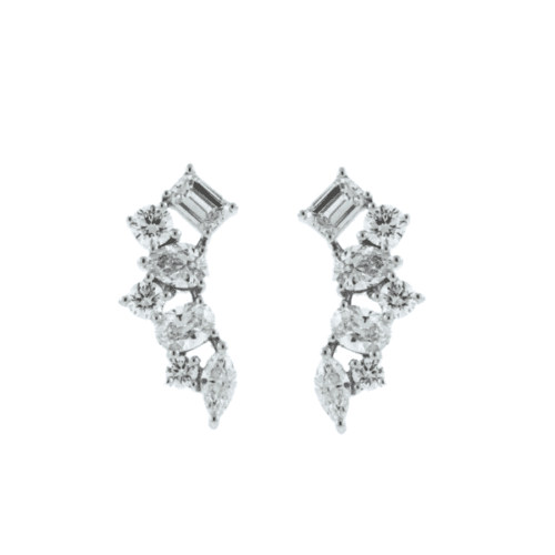 different shaped diamonds in a wing design, drop earrings in white gold with post