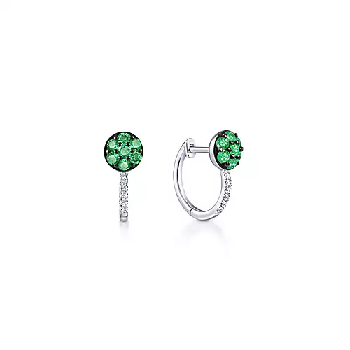 Pave Cluster Set Emerald Hugger Earrings in White Gold