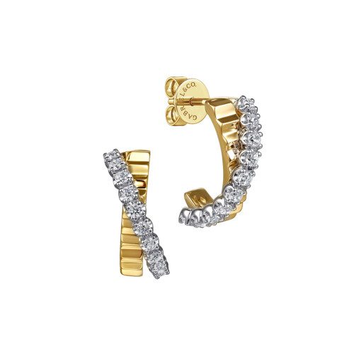 crisscross style j-hoop diamond cut and diamond design earrings in two tone gold