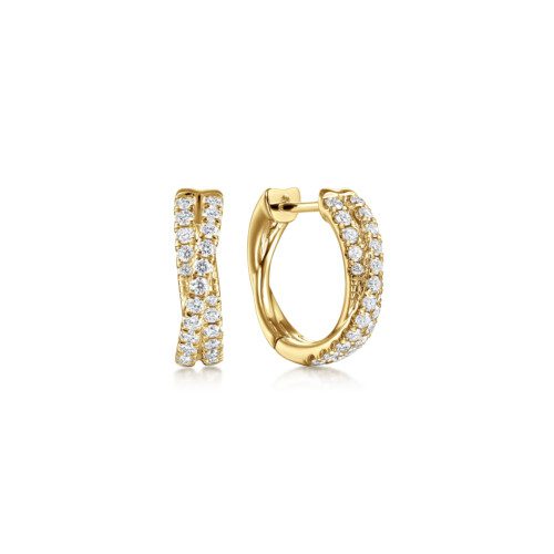 yellow gold crisscross design diamond hugger earrings