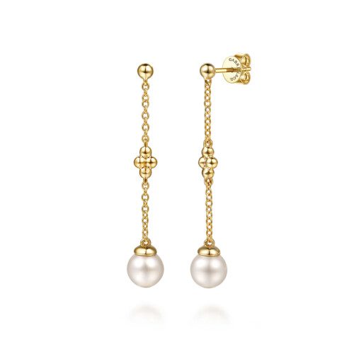 yellow gold dangle pearl earrings with little Bujukan design and posts