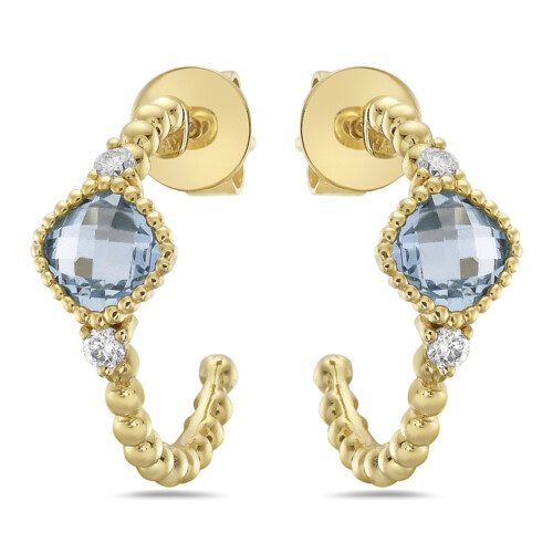 aquamarine and diamond beaded j-hoop earrings with post