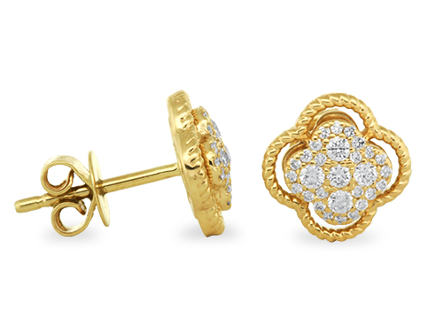 yellow gold clover shape earrings with diamond accents
