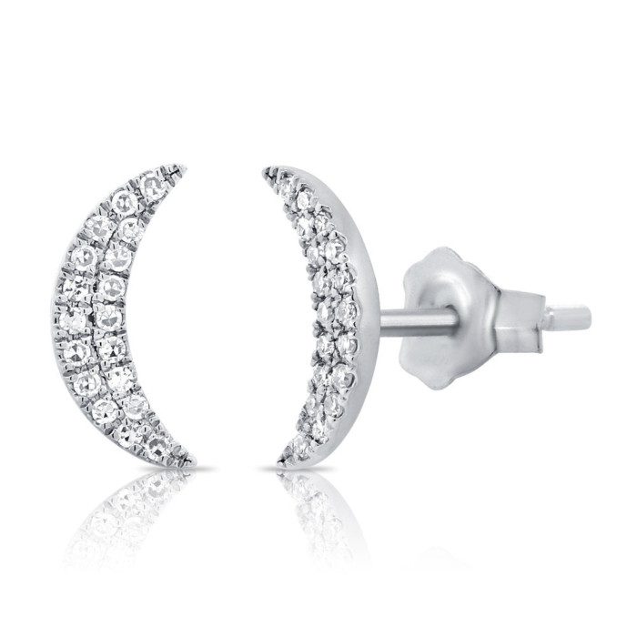 Pave Diamond Crescent Moon Earrings in White Gold