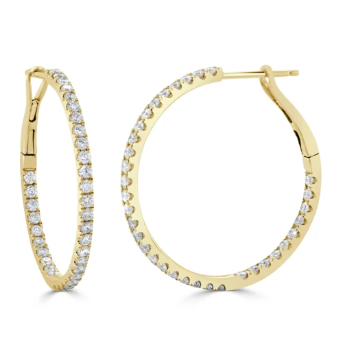 inside/outside diamond hoop earrings thin in yellow gold