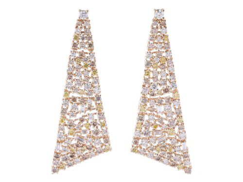 triangle design earrings with white, brown, and yellow round shape diamonds in yellow gold