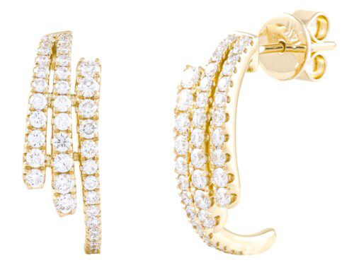 three rows of diamonds, j hoop earrings with post in yellow