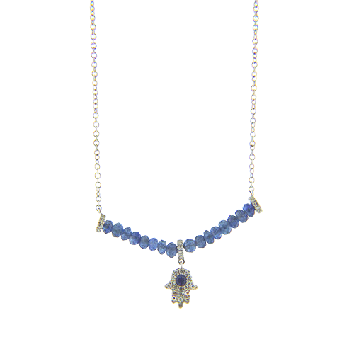 Small diamond Hamsa Hand necklace with sapphire details on white gold chain