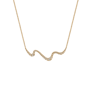 wave design freeform necklace with small round cut diamonds on chain in yellow gold