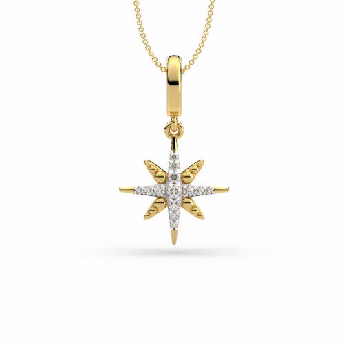 8 pointed star necklace with diamonds in yellow gold