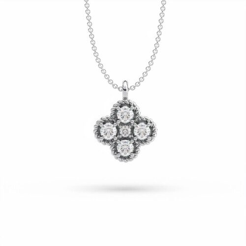 twist braid design clover diamond necklace in white gold
