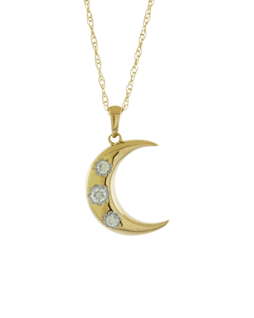 crescent moon pendant with 3 burnish set diamonds in yellow gold on chain