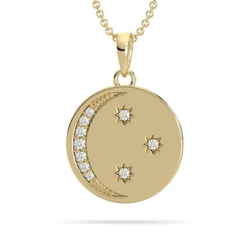 yellow gold coin necklace with diamond crescent moon and 3 diamond stars on chain