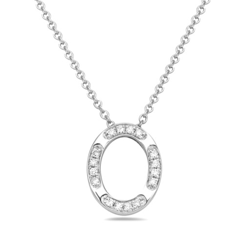Small oval pendant necklace with small round diamond details on chain, in white gold