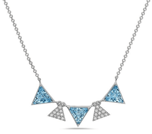 3 blue topaz triangles and 2 pave set diamond triangles on a white gold chain