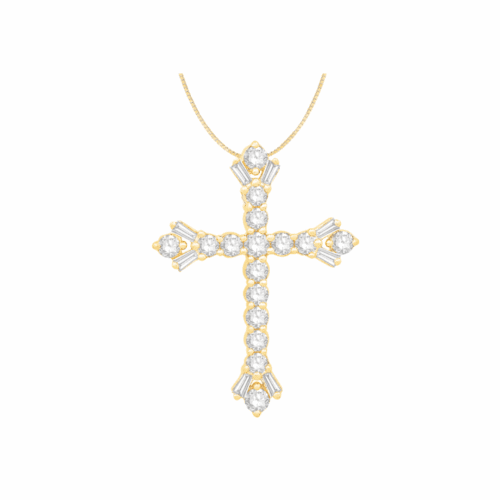 yellow gold cross with baguette and round diamonds
