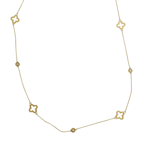 Yellow Gold Clover Shapes and Bezel Set Diamonds Necklace