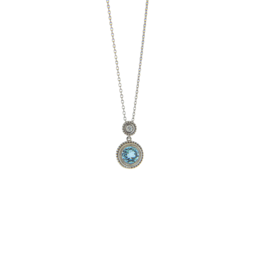 Round Swiss Blue Topaz and small round diamond pendants on a white gold chain necklace