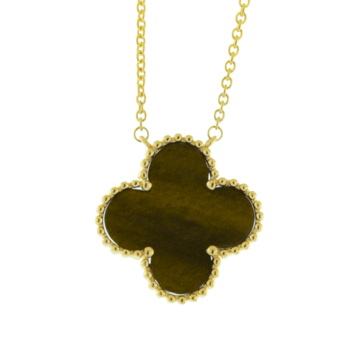 Green Obsidian clover in yellow gold necklace