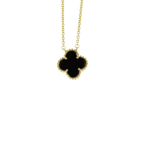 small size black onyx clover on yellow gold chain