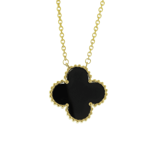 black onyx medium size clover on yellow gold chain