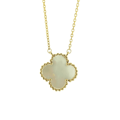 yellow gold beaded style small clover made from mother of pearl on adjustable chain