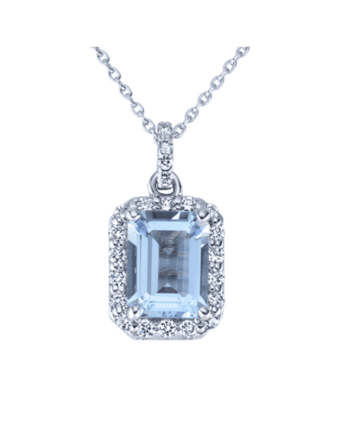 emerald cut aquamarine with diamond halo in white gold on white gold chain