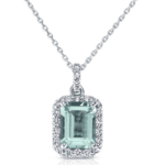 emerald cut aquamarine with diamond halo in white gold on white gold chain