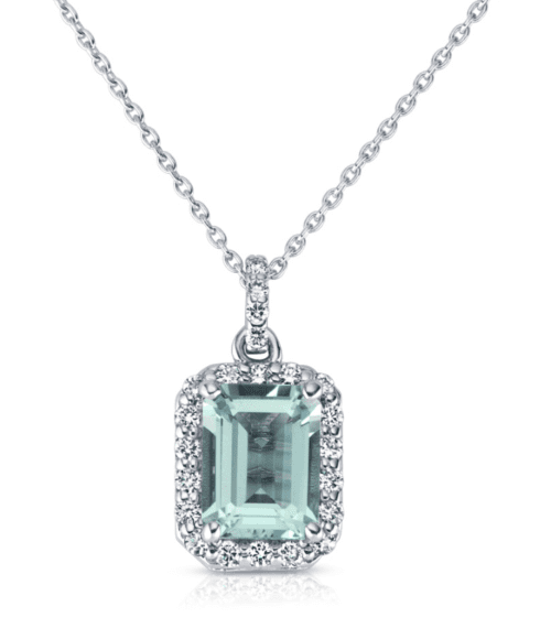 emerald cut aquamarine with diamond halo in white gold on white gold chain