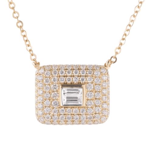 Rectangle with pave diamonds and two baguette diamonds in center in yellow gold on chain
