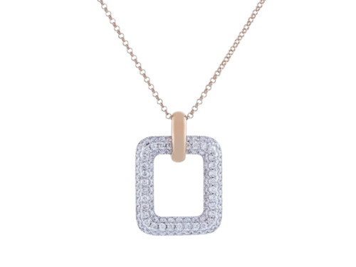 Pave diamond square pendant in white gold, on yellow gold chain