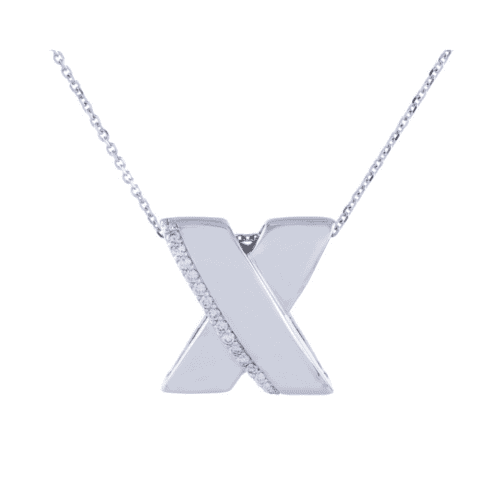 White gold thick X pendant with small round diamond details, on chain